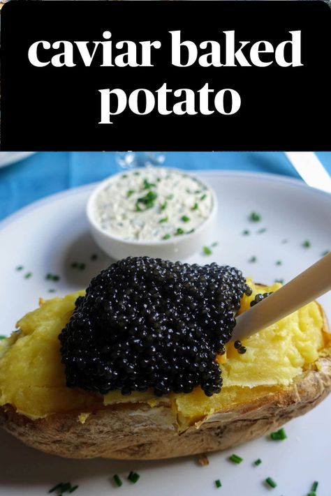 A baked potato topped with caviar. A small dish of creme fraiche with chives in the background. Caviar Potatoes, Caviar Baked Potato, Recipes With Caviar, Potatoes And Caviar, Potato With Caviar, Potatoes With Caviar, Potato Caviar, Baked Potato With Caviar, Potato Chips And Caviar