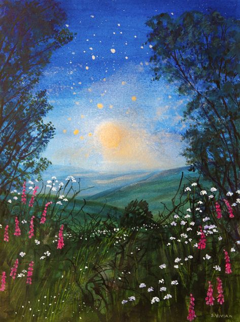 Moon Painting Landscape, Summer Night Painting, Fairytale Landscape Painting, Summer Night Illustration, Watercolor Artwork Inspiration, Cornwall Aesthetic, Night Landscape Painting, Whimsical Landscape, Magick Art