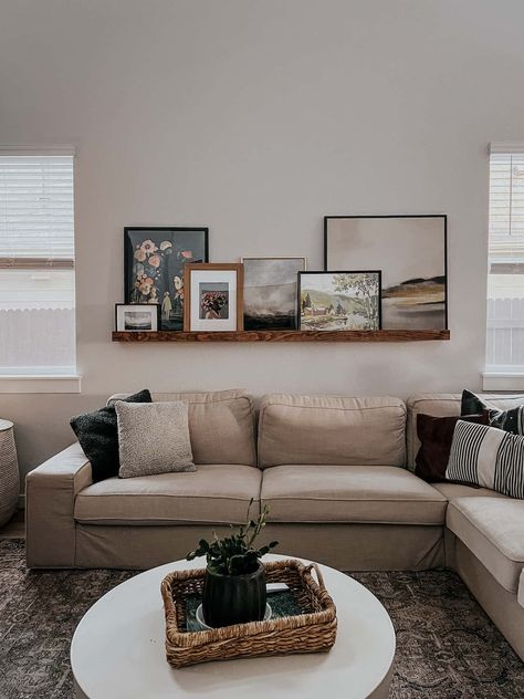 Shelf With Pictures Above Couch, Picture Shelf Above Couch, Gallery Ledge, Shelf Above Couch, Shelf Behind Couch, Bright Farmhouse, Decor Above Couch, Couch Wall Decor, Family Pictures On Wall