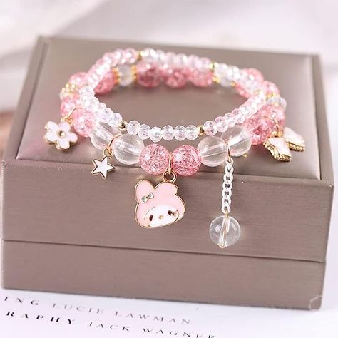 Kawaii My Melody charm bracelet! Cute flower, star, bow, and My Melody charms! On sale for $10.98 on amazon! Kawaii Bracelet, Girly Bracelets, Gelang Manik-manik, Pretty Jewelry Necklaces, Pola Gelang, Gelang Manik, Kawaii Jewelry, Kawaii Accessories, Jewelry Accessories Ideas