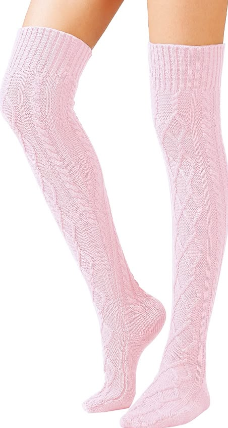 Cable Knit Thigh High Socks, Light Pink Leg Warmers, Pink Thigh Highs, Medias Aesthetic, Clawdeen Costume, Pink Winter Dress, Pink Thigh High Socks, Pink Winter Outfits, Pink Winter Boots