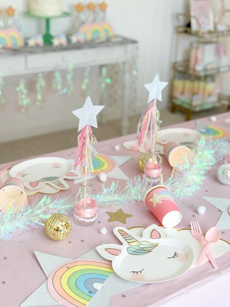 Unicorn Birthday Party Themes, Unicorn Birthday Party Aesthetic, 3rd Birthday Party Unicorn Theme, Unicorn Birthday Party Plates, Unicorn Tablescape, Unicorn Themes For Birthday, Girls Unicorn Birthday Party, Four Ever Magical Birthday Party, Fourever Magical Birthday Party