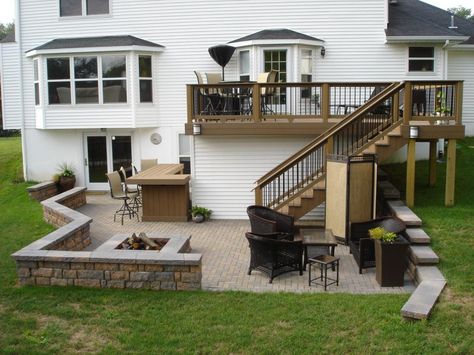 Outdoor Porch And Patio Ideas, Backyard With Hill Ideas, Patio Design Ideas On A Budget, Deck Ideas On A Budget Backyard, Patio Surround Ideas, Patio Ideas Off Deck, Back Deck Remodel, Lower Deck Patio Ideas, Basement Patio