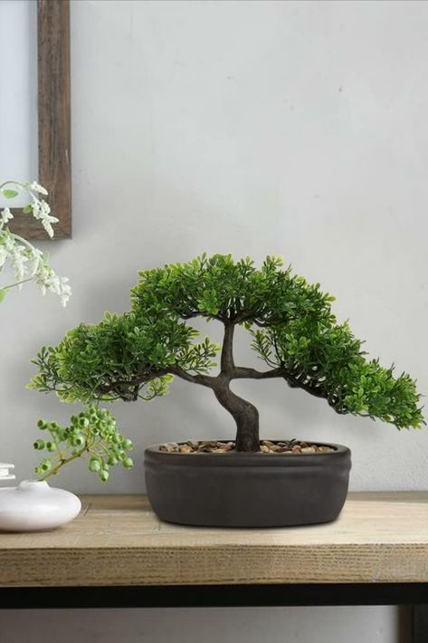 Bonsai tree🌳 Japanese Indoor Plants, Indoor Plants For Bathroom, Bonsai Living Room, Plants For Bathroom, Artificial Bonsai Tree, Artificial Indoor Plants, Mini Bonsai, Bathroom Plants, Bathroom Decoration