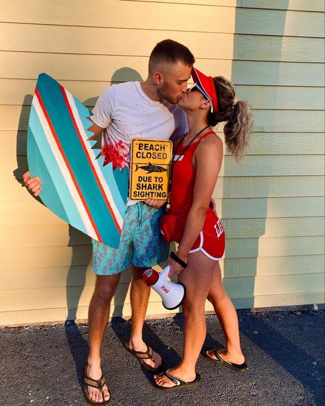 Lifeguard Family Costume, Couples Lifeguard Costumes, Life Guard Costume Couple, Halloween Pool Party Costumes, Shark Couple Costume, Shark And Lifeguard Costume Couple, Lifeguard And Shark Costume, Surfer Costume Spirit Week, Lifeguard Couple Costume