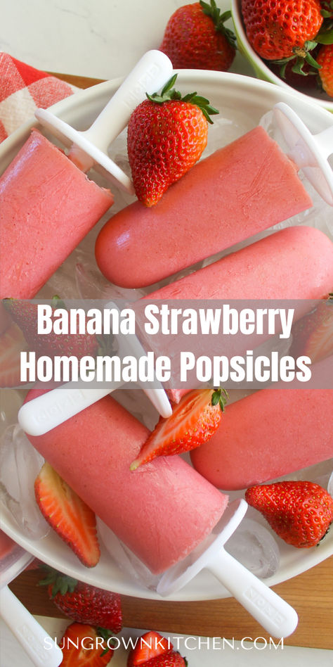 Pink homemade strawberry banana yogurt popsicles. Strawberry Popsicle Recipes, Homemade Popsicles For Kids, Make Your Own Popsicles, Strawberries And Cream Popsicles, Kids Healthy Popsicles, Homemade Strawberry Popsicles, Fresh Strawberry Popsicles, Homemade Strawberry Banana Popsicles, Strawberry Ice Pops Homemade Popsicles