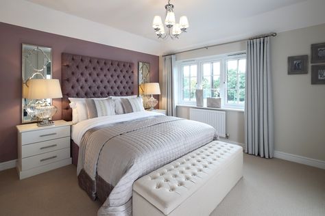 Try a warm, dusky pink for a statement wall and headboard. Team with neutral boutique inspired bedding for the most elegant of bedrooms. #bedrooms #interiors #redrow Grey And Dusky Pink Bedroom, Simplistic Bedroom, Dusky Pink Bedroom, Sienna Bedroom, Pink Wallpaper Bedroom, Grey Homes, Bedroom Decor Elegant, Dusty Pink Bedroom, Redrow Homes