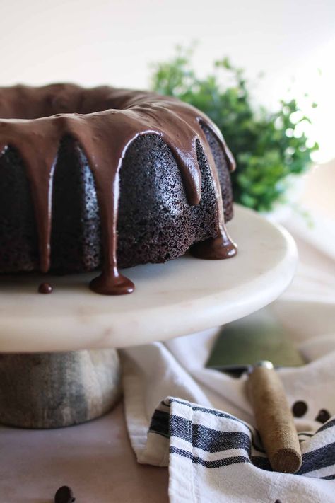 Sourdough Chocolate Bundt Cake - Lo's Kitchen Moist Chocolate Bundt Cake, Costco Cake, Sourdough Starter Discard Recipe, Chocolate Bundt, Chocolate Bundt Cake, Decadent Chocolate Cake, Moist Chocolate Cake, Melting Chocolate Chips, Decadent Chocolate