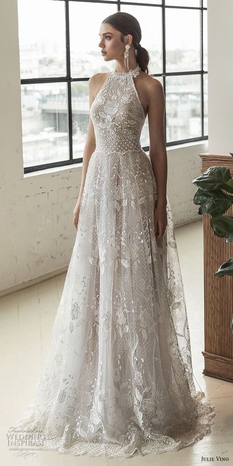 julie vino 2019 romanzo bridal sleeveless halter jewel neck full embellishment romantic a line wedding dress open back sweep train (4) mv -- Romanzo by Julie Vino 2019 Wedding Dresses #weddingdecorations #romanticweddings Simple Wedding Gowns, Halter Wedding Dress, Rustic Wedding Decorations, 2016 Wedding Dresses, Beauty Dress, A Wedding Dress, Jewel Neck, Romantic Weddings, A-line Wedding Dress