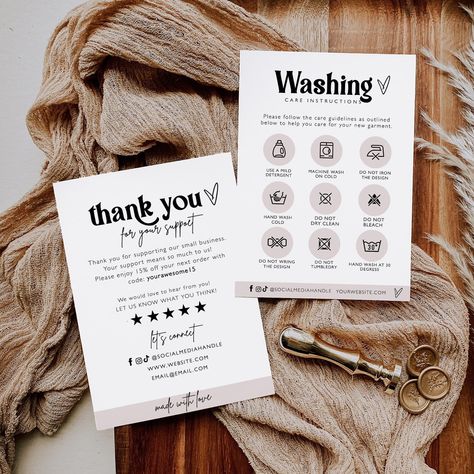 Washing Instructions Care Card Template, Printable Clothing Care Guide, Add Your Logo Care Cards, Instruction Card, Edit with Templett #inspiration #business #branding Clothing Thank You Cards, Washing Care Instructions Card, Small Business Care Instructions, Thank You Card For Clothing Brand, Crochet Care Card, Thank You Card Clothing Brand, Washing Instructions Card, Instruction Card Design, Clothing Business Cards