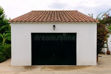 Black House Terracotta Roof, Terracotta Roof Colour Scheme, Neoclassical House Exterior, Spanish Style Garage, Spanish Garage, Terracotta Roof House, Metallic Tiles, Spanish Tile Roof, Farm Storage