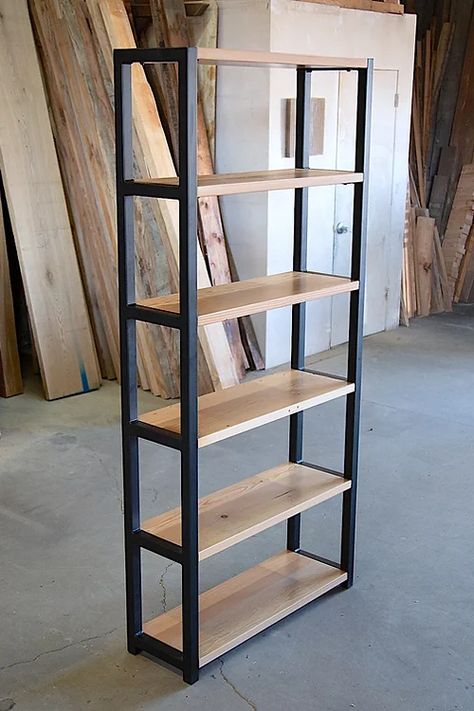 Tall Narrow Wooden Bookshelves | Los Angeles Diy Metal Shelves, Shop Shelves, Steel Bookshelf, Solid Wood Bookshelf, Iron Furniture Design, Store Shelves Design, Home Decor Shelves, Clothing Store Interior, Retail Store Interior Design