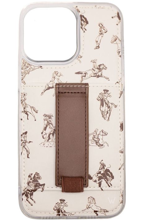 Giddy Up by Betsy Mikesell Case Design: Brown western graphics on off-white background Finger Strap Color: Solid brown Case Features:- Comfortable finger loop that can be used with either hand- Wallet pouch that is designed to fit 2 cards (as it breaks in, more cards can be added)- Adjustable kickstand to prop up your phone- Vegan leather material- Shock-absorbing inner pad U.S. Patent No. D946,562 Casely Phone Case, Western Iphone Cases, Western Phone Cases, Walli Cases, Brown Phone Case, Country Phone Cases, Western Graphics, Chic Phone Case, Western Stuff