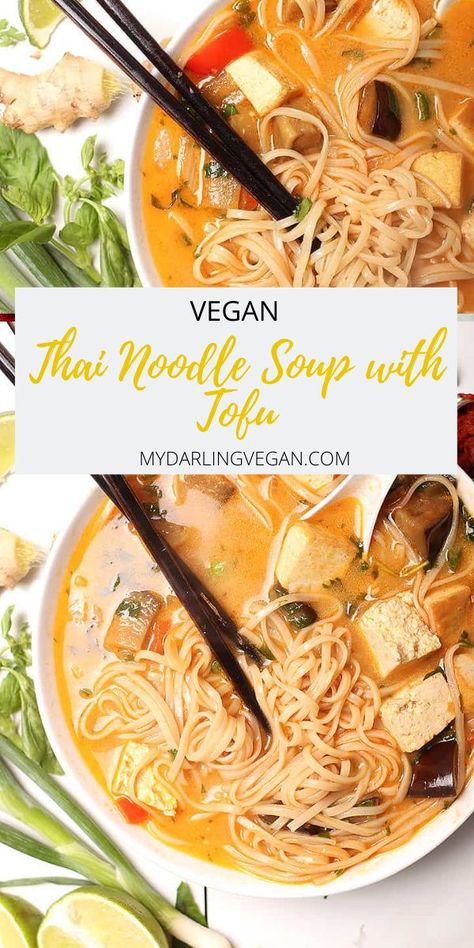 Vegan Tofu Noodle Soup, Vegan Soup With Tofu, Plant Based Thai Recipes, Soup With Tofu Recipes, Tofu Soup Recipes Healthy, Thai Tofu Soup, Tofu Soup Recipes, Tofu And Eggplant, Tofu Noodle Soup