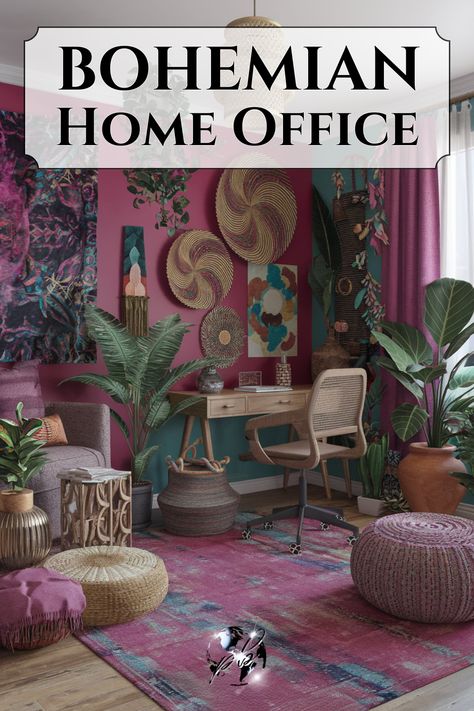 Create a dramatic home office by embracing a romantic boho aesthetic. Choose a bohemian color palette with vibrant hues and rich textures. Incorporate boho chic decor and dramatic elements like bold lighting and unique vintage pieces for a moody, yet stylish feminine home office that stands out and inspires creativity. #bohohomeoffice #bohemianflair #bohemianstyle #bohochicdecor #dramaticdecor #colorfulbohointerior #romanticbohoaesthetic #bohointerior #bohemianhomeoffice #bohostylehouse Colorful Eclectic Home Office, Modern Boho Office Ideas, Boho Chic Office Decor, Boho Office Space, Maximalist Home Office, Bohemian Maximalist Decor, Eclectic Office Decor, Boho Chic Office, Blush Office