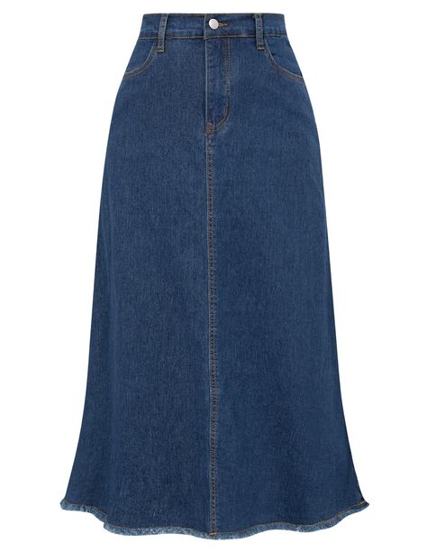 PRICES MAY VARY. High Quality Fabric - This long denim jean skirt made of lightweight fabric, breathable and not see through, not easy to deform, and keep elastic. Lightweight Jean Skirt - The calssic denim jean skirts feature with high waist design, elastic back waistline, flare aline skirt, frayed raw hem design, maxi long skirt, two side versatile pockets. Elastic High Waist Skirts - Blue jean skirt for women with your favorite t-shirts for a casual chic vibe. Pair with blouses and blazers fo 70s Jean Skirt, Denim Skirts Long, Denim Skirt Outfit Modest, Long Skirt Business Casual, A-line Skirt, Midsize Skirt, Cute Long Skirts, Jean Long Skirt, Long Jean Skirts