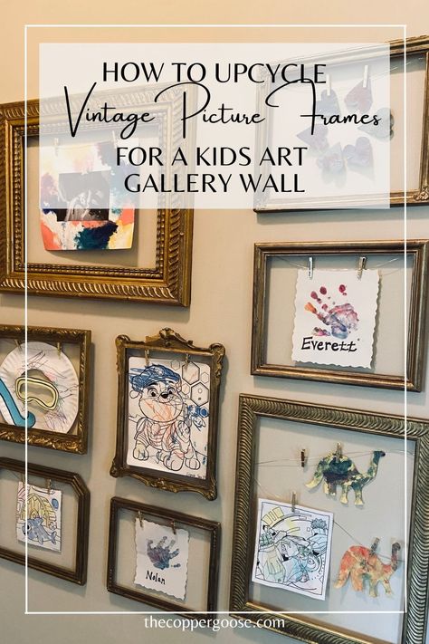 After receiving a coat of gold paint and antiquing glaze, these vintage picture frames formed the perfect gallery wall! See how I upcycled these old wooden frames to create a fun gallery wall for kids' art. DIY home decor / easy diy home decor / antique picture frames / how to antique gold / vintage decor ideas / repurposed / thrifted home decor / upcycling / repurposing / gallery wall ideas / diy gallery wall / kids art display #gallerywallideas #vintagepictureframes Kids Art Work Wall Display, Kids Art Gallery Wall Ideas, Kids Artwork Frames, Framed Kids Artwork, Picture Frames For Kids Artwork, School Picture Gallery Wall, Antique Frames On Wall Ideas, Thrifted Art Gallery Wall, School Picture Frame Ideas