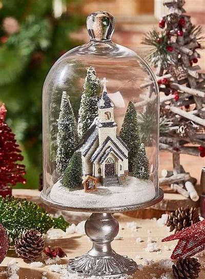 Snowy Church Christmas Cloche | Glass Cloche Decor, Christmas Cloche, Cloche Ideas, Cloche Decor, Valerie Parr Hill, Easy Diy Decor, Glass Cloche, Christmas Centerpiece, The Bell Jar