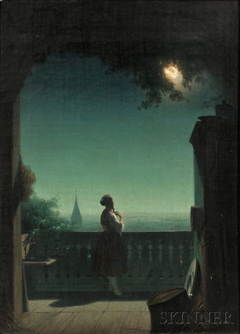 Continental School, 19th Century Woman in Moonlight on a Balcony | Sale Number… Moonlight Painting, Rennaissance Art, Moon Photography, Art Folder, Classic Paintings, Historical Art, Night Painting, Timeless Art, Classical Art