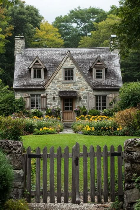 English Stone Cottage Interior, English Houses Interior, Home Exterior One Story, Exterior Design Cottage, Home Exterior Aesthetic, Home Exterior Cottage, Country Stone House, Color Palette Cottage, Tiny Country House