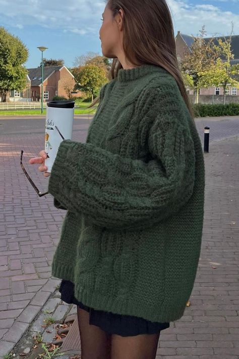 This is the long, trendy, and on budget knit sweater to have for a cozy and warm winter ✨ 🪐#Winteroutfits #Winterfashions2023 #knitsweater #inexpensive #Falloutfits Big Cozy Sweaters, Big Sweaters Aesthetic, Chunky Green Sweater, Baggy Jumper Aesthetic, Forest Green Aesthetic Outfit, Cable Knit Sweater Dress Outfit, Dark Green Knit Sweater Outfit, Big Sweater Outfit Aesthetic, Autumn Outfits Scandinavian