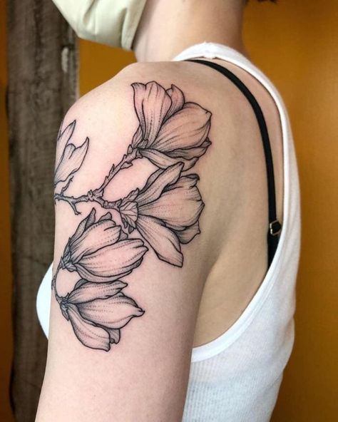 Magnolia Half Sleeve Tattoo, Pink Magnolia Tattoo, Magnolia Blossom Tattoo, Botanical Tattoo Men, Magnolia Tattoo Sleeve, Magnolia Branch Tattoo, Magnolia Tree Tattoo, Arm Shoulder Tattoo, Etching Tattoo