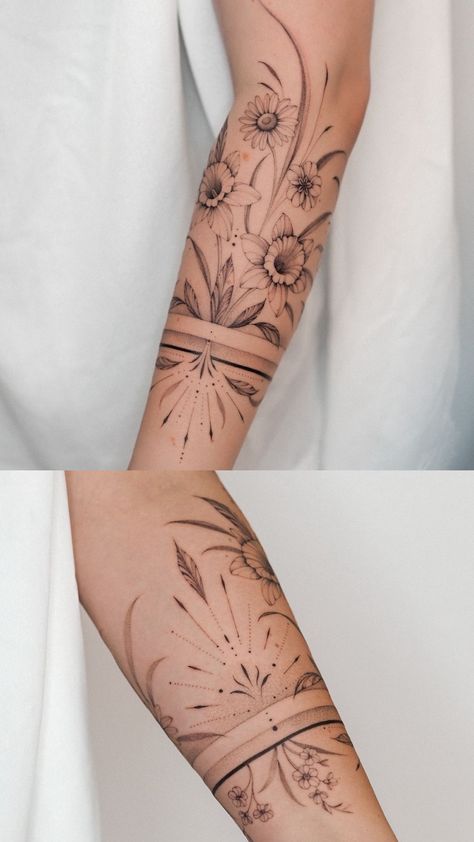 Fine Line Floral Arm Wrap Tattoo, Ornamental Wrap Around Tattoo, Full Forearm Tattoos For Women, Geometric Line Tattoo Minimalist, Forearm Band Tattoo For Women, Wrap Around Tattoos For Women, Floral Half Sleeve Tattoo Forearm, Bird Forearm Tattoo, Floral Tattoo Forearm