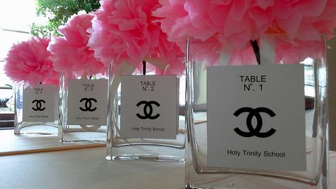 tissue flowers and Chanel style table numbers for a Paris themed semi-formal; centerpiece by Davis Floral Creations Chanel Inspired Party, Coco Chanel Birthday, Chanel Bridal Shower, Girls Luncheon, Chanel Baby Shower, Coco Chanel Party, Parisian Baby Showers, Chanel Birthday Party, Paris Ideas