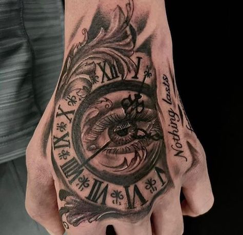 Eye in the center of clock Nothing Forever Tattoo Hand, Clock Tattoo Design For Men Hand, Back Of The Hand Tattoo Men, Small Male Hand Tattoos, Small Hand Tattoos For Guys Ideas, Right Hand Tattoo Men, Compass Hand Tattoo Men, World In Your Hands Tattoo, Male Hand Tattoos Ideas