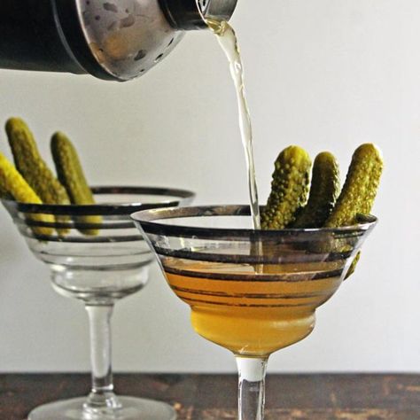 Dill pickle vodka martini Pickle Martini Recipe, Pickle Martini, Dill Pickle Vodka, Dirty Martini Recipe, Pickle Vodka, Vodka Mixes, Vinegar Cucumbers, Garlic Infused Olive Oil, Vodka Brands