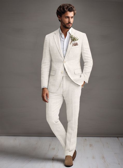 Off White Suits For Men Wedding, Men Linen Wedding Attire, Italian Summer Wedding Outfit Men, Cream Linen Suit Men, Classic Three-piece Suit With Suit Collar For Spring, Elegant Cotton Wedding Suit, Elegant Wedding Cotton Suits, Classic Single Breasted Three-piece Suit For Spring, Classic Single-breasted Three-piece Suit For Spring