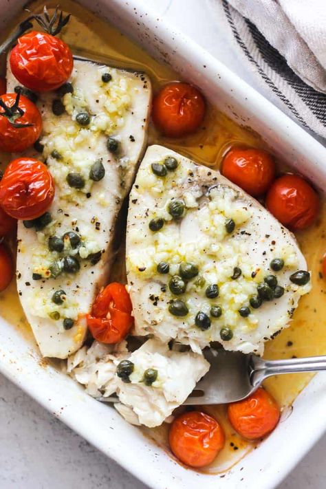 top view of baked swordfish with a piece on a fork Baked Swordfish Recipes, Baked Swordfish, Fish Meals, Swordfish Recipes, Detox Meal Plan, Seafood Recipes Healthy, Aip Diet, Healthiest Seafood, Cod Recipes