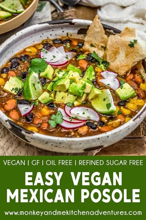 Mexican Posole, Posole Soup, Hominy Recipes, Monkey And Me Kitchen Adventures, Monkey And Me, Plant Based Soups, Vegan Mexican Recipes, Mexican Soup, Vegan Chili