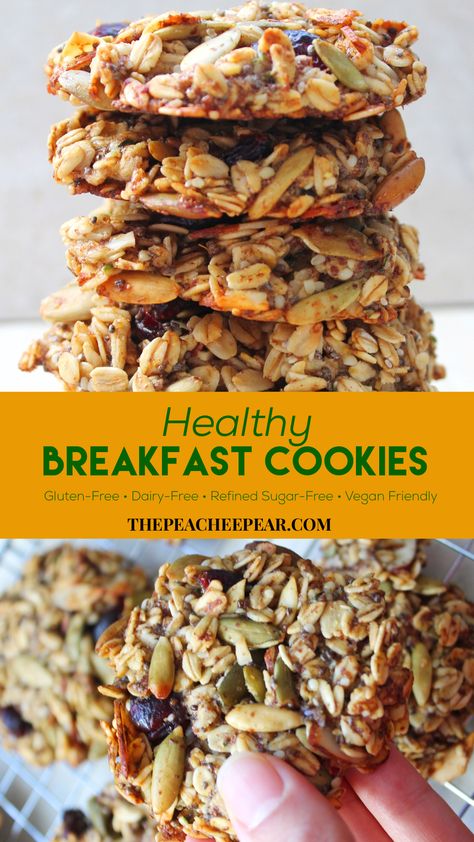 A stack of Healthy Breakfast Cookies. Breakfast cookie being held over other cookies. Energy Cookies, Breakfast Energy, Healthiest Breakfast, Breakfast Cookies Healthy, Cookies Healthy, Nuts And Seeds, Nutritious Breakfast, Healthy Breakfasts, Breakfast Cookies