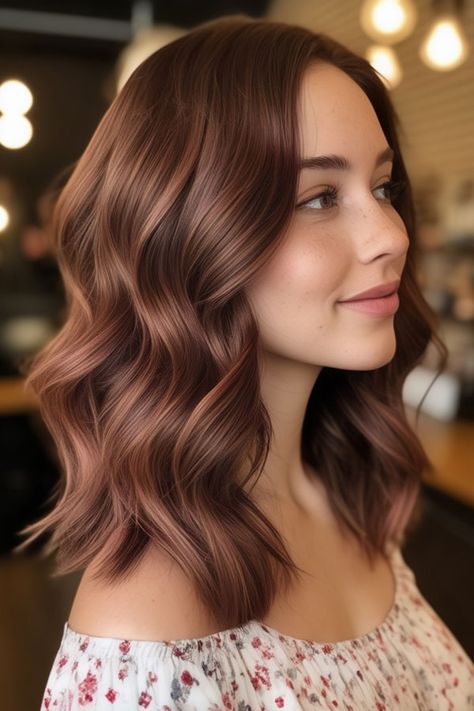 Rose Gold Mahogany, autumn hair colour idea Mahogany Blonde Hair Color, Chocolate Cherry Hair With Highlights, Brunette Hair Color Dark, Brown Hair To Red, Mahogany Hair Colour, Chocolate Rose Gold Hair, Dark Rose Gold Hair, Cool Toned Red Hair, Rose Brown Hair Color