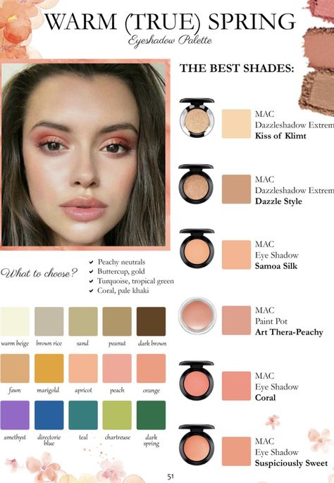 Spring Tone Skin, Hot Spring Color Palette, Makeup For True Spring, True Spring Eye Makeup, Warm Spring Eyeshadow, True Spring Makeup Palette, Warm Spring Color Palette Makeup, True Spring Color Palette Makeup, Warm Spring Makeup Looks