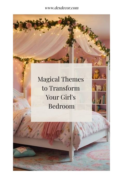 Pink girl's bedroom with a canopy bed adorned with flowers and string lights, surrounded by stuffed animals and books. Princess Room Inspiration, Whimsical Toddler Girl Room, Girls Princess Bedroom Ideas, Magical Kids Room, Fairy Themed Bedroom, Princess Theme Bedroom, Fairy Garden Bedroom, Girls Princess Bedroom, Fairytale Bedroom