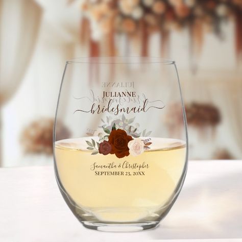 Rust Orange Roses Bridesmaid Maid of Honor Gift Stemless Wine Glass Maid Of Honor Gift, Burnt Umber, Maid Of Honour Gifts, Orange Roses, Rust Orange, Kids Nursery Decor, Free Birthday Invitations, Free Birthday Invitation Templates, Kids Stationery