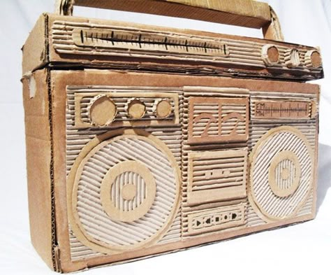 cardboard boom box #2 - more realistic Cardboard Sculpture Ideas, Cardboard Speaker, Cardboard Objects, Things To Make Out Of Cardboard, Cardboard Guitars Diy, How To Make A Boom Box Out Of Cardboard, How To Make Guitar With Cardboard, Cardboard Boombox Diy, Cardboard Art Projects