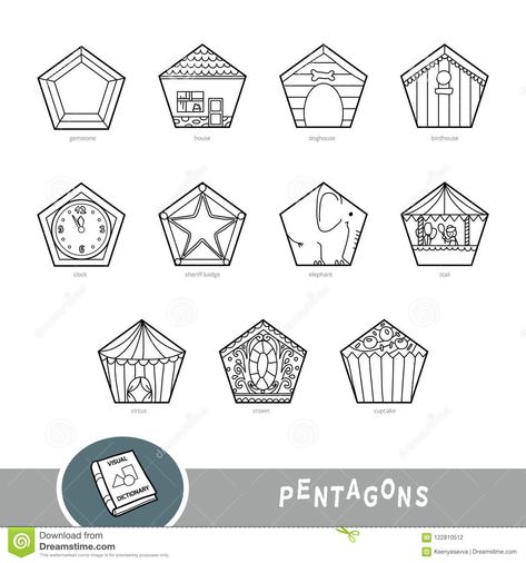 Black and white set of pentagon shape objects. Visual dictionary Pentagon Shape Objects, Pentagon Design, Visual Vocabulary, Visual Dictionary, Pentagon Shape, Activities Games, Simple Phone Wallpapers, Education Motivation, College Design