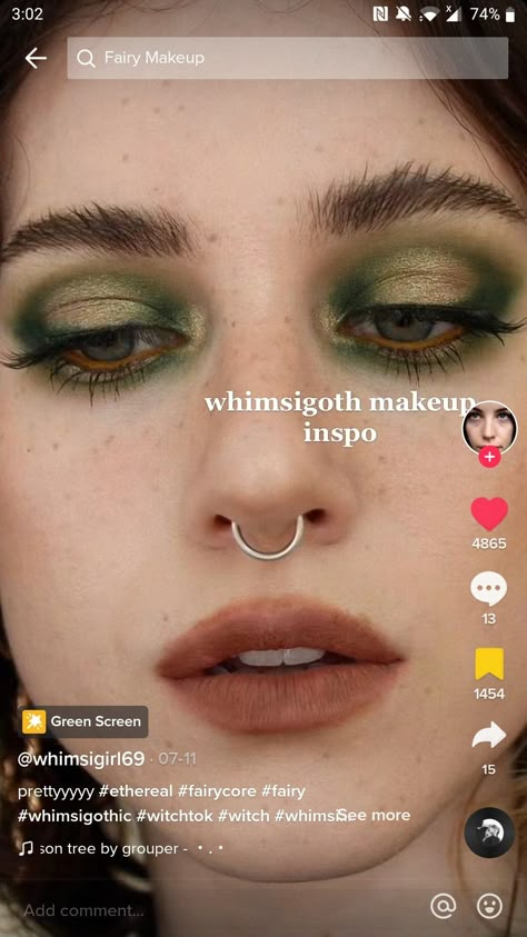 Fae Aesthetic Eye Makeup, Whimsigothic Painting, Hobbitcore Makeup, Goblincore Eye Makeup, Makeup Ideas Cottagecore, Lord Of The Rings Makeup Looks, Forest Inspired Makeup, Frog Makeup Aesthetic, Gremlin Core Makeup