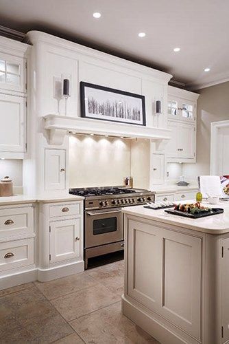 Cream Painted Designer Kitchen - Bespoke Kitchens - Tom Howley Cooker Mantle, Spain Kitchen, Statement Island, Kitchen Mantle, Kitchen Canopy, Tom Howley, Kitchen Refurbishment, Windows Kitchen, Curved Kitchen