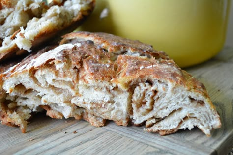 No Knead Cinnamon Swirl Bread | Crumbs Above Gold Flavored Breads, Cast Iron Bread, Cinnamon Bread Recipe, Savory Breads, Cinnamon Roll Bread, Swirl Bread, Dutch Oven Bread, Sugar Bread, Cinnamon Swirl Bread