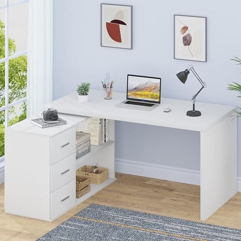 Amazon.com: HSH White L Shaped Desk with Drawers Shelves, 360 Rotating L Shape Computer Desk with Storage Cabinet, Corner Home Office Desk Computer Table，55 Inch : Home & Kitchen Corner Home Office, L Shaped Desk With Drawers, White L Shaped Desk, L Shaped Desk With Storage, Computer Desk With Storage, Wood Computer Desk, Home Office Computer Desk, Desk With Storage, Wood Writing Desk