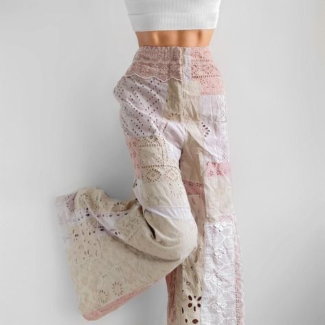 Free People - Eyelet Lace Patchwork Wide Leg Pants... - Depop Making Pants, Quilted Pants, Knit Shrug, Lace Pants, Elegant Lady, Earth Angel, Lace Patchwork, White Sage, Silk Slip