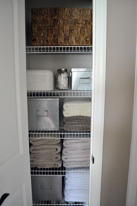 linen closet organized Organize A Linen Closet, Small Linen Closet Organization, Small Linen Closet, Linen Closet Makeover, Small Linen Closets, Coat Closet Organization, Declutter Closet, Organized Closet, Hallway Closet