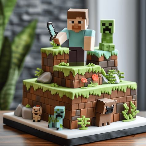 Minecraft Block Cake, Minecraft Pig Cake, Diy Minecraft Cake, Minecraft Cake Ideas, Minecraft Cake Designs, Cake 2 Tier, Creeper Cake, Minecraft Cakes, Cake Minecraft