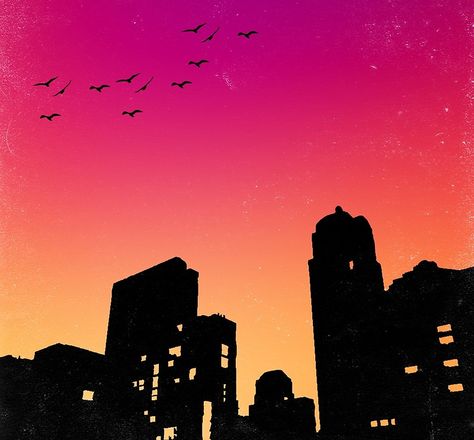 Colorful Sky w/ Birds and Buildings Silhouette Design for men and women that loves classic designs. Nice city silhouette art and skyline with a vector theme of the building. New york or seattle, the beautiful sunset in this urban view is an inspiration for travel enthusiasts. #city life #city love #city scape #sunsetting city #the city #in the city #city living #travel city City Skyline Silhouette Painting, Sunset Building Painting, Simple City Scape Painting, Sunset With Buildings, City Life Drawing, City Scape Illustration, City Sunset Painting, Sunset Illustration Art, City At Night Painting