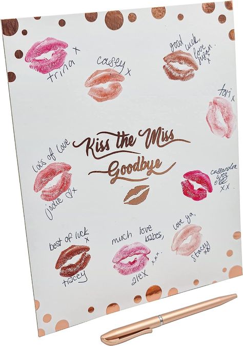 Kiss The Miss - Hen Party Brides Made Game Accessories Goodbye Rose Gold Foil Do Gift Keepsake Bride to be Hen Games, Kiss The Miss Goodbye, Party Guest Book, Hens Party Themes, Rose Gold Pen, Hens Party Invitations, Hen Party Games, Hen Party Accessories, Lipstick Kiss