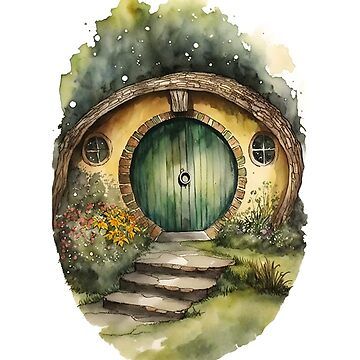 "Round Doors in Watercolor and Ink - Black - Watercolor Art - Fantasy" Sticker for Sale by Fenay Designs | Redbubble The Hobbit Painting, Fantasy Doorway, Hobbit Painting, Magical Portal, Bag End, Hobbit Door, Casa Hobbit, Hobbit Art, House Clipart